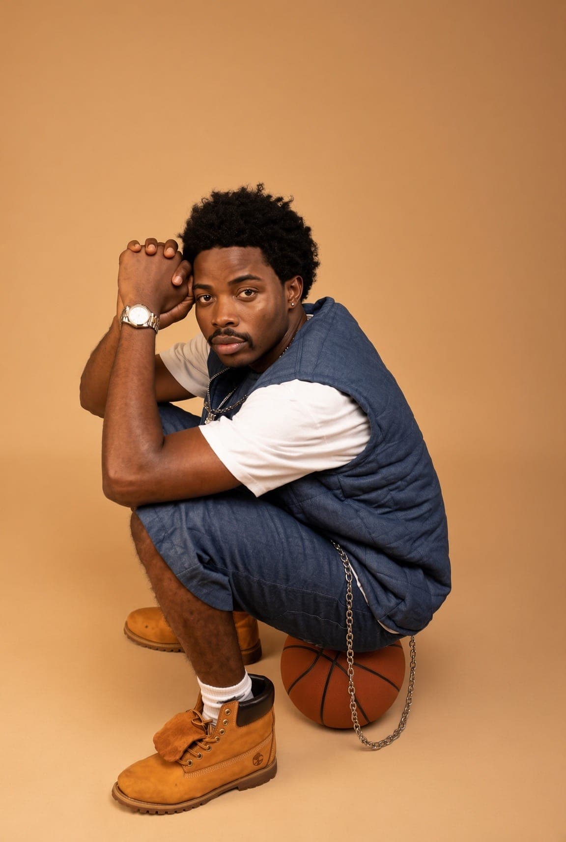 Denim puffer vest, crouched on a basketball, orange backdrop