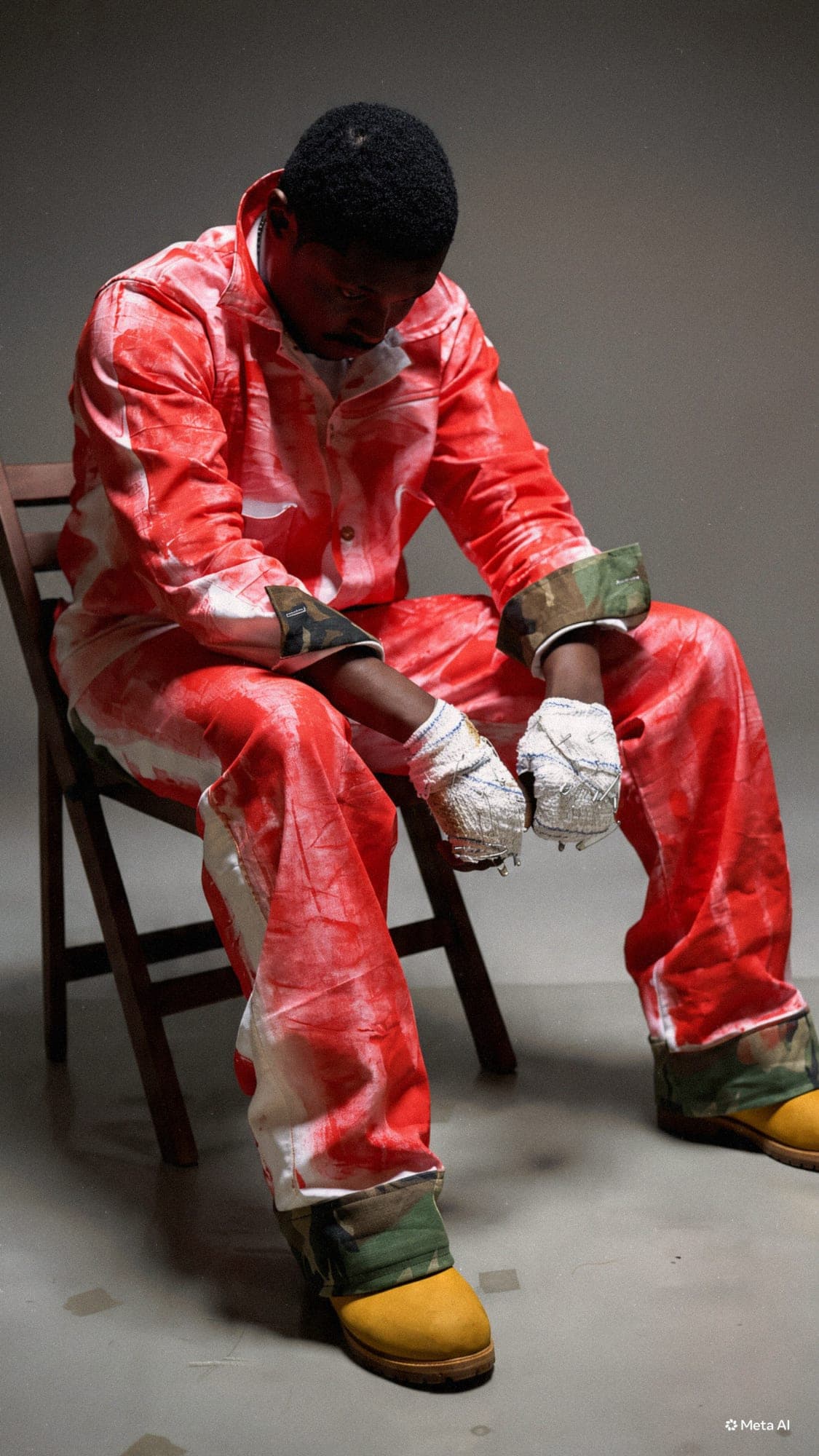 Red paint-splashed set seated on a wooden chair