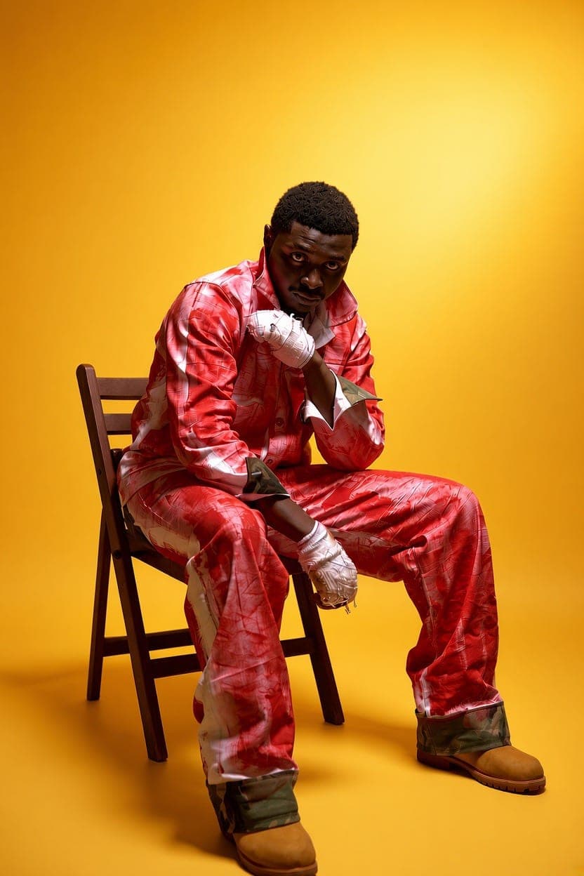 Paint-splashed red set on a chair against a yellow backdrop